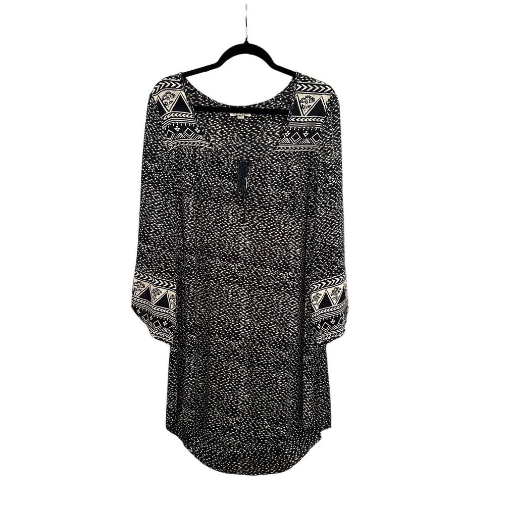Billabong Womens Black Cream Tribal Print Boho Shift Dress V-Neck Tassels Size M